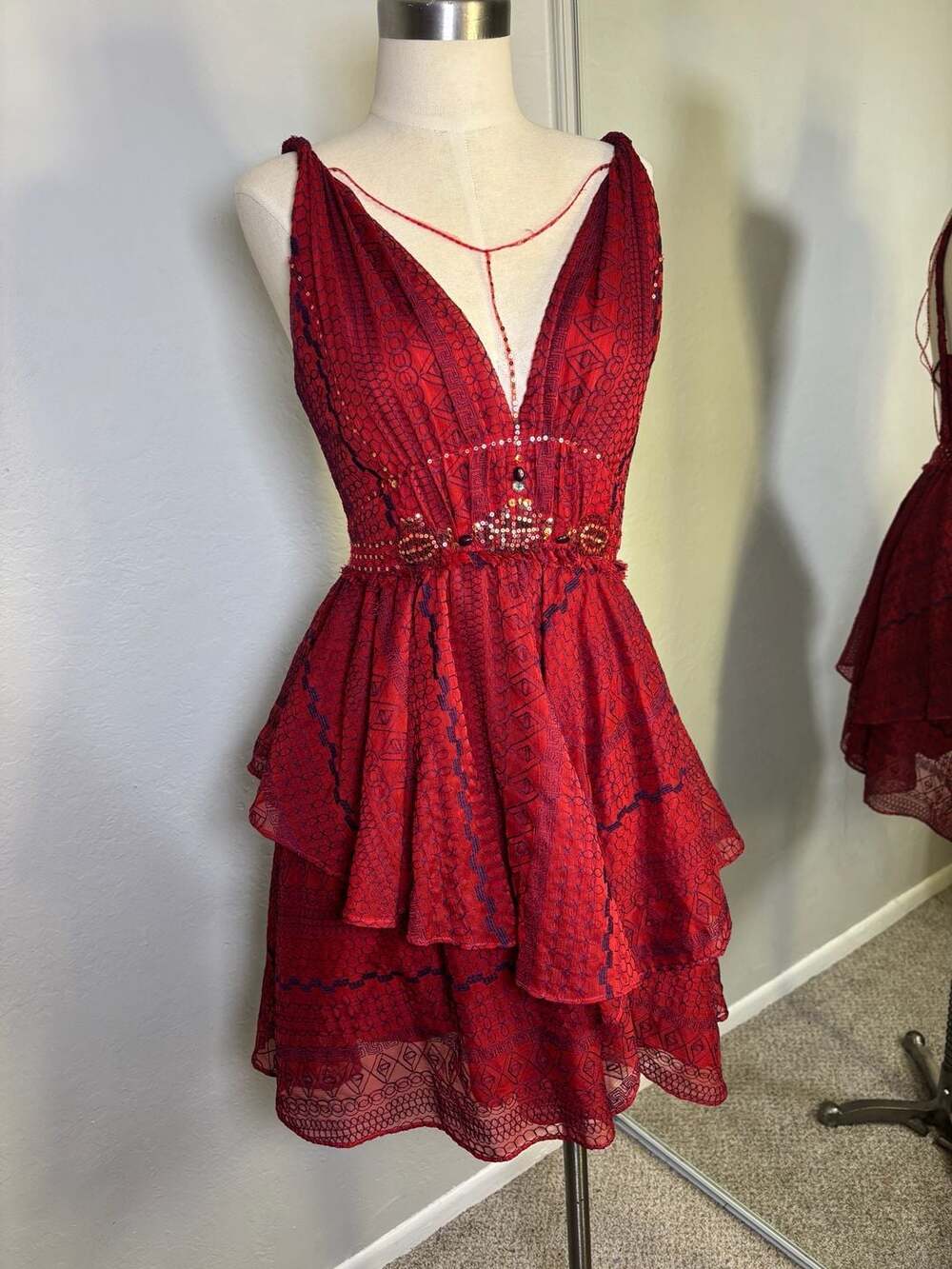 Free People Double Take Mini Dress Red Sequin Lace Sleeveless